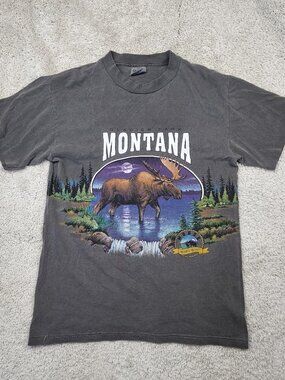 San Segal Art Single Stitch Vintage VTG Y2K Montana Moose Grey Shirt Medium USA